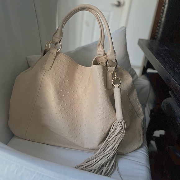 LARGE AUTHENTIC CRÈME COLORED LEATHER OSTRICH BAG - Picture 3 of 16